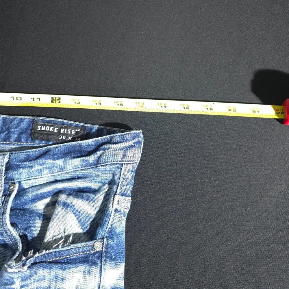 Smoke Rise Distressed Flare Jeans Men 30x36 Blue Streetwear Ripped Repaired Slim